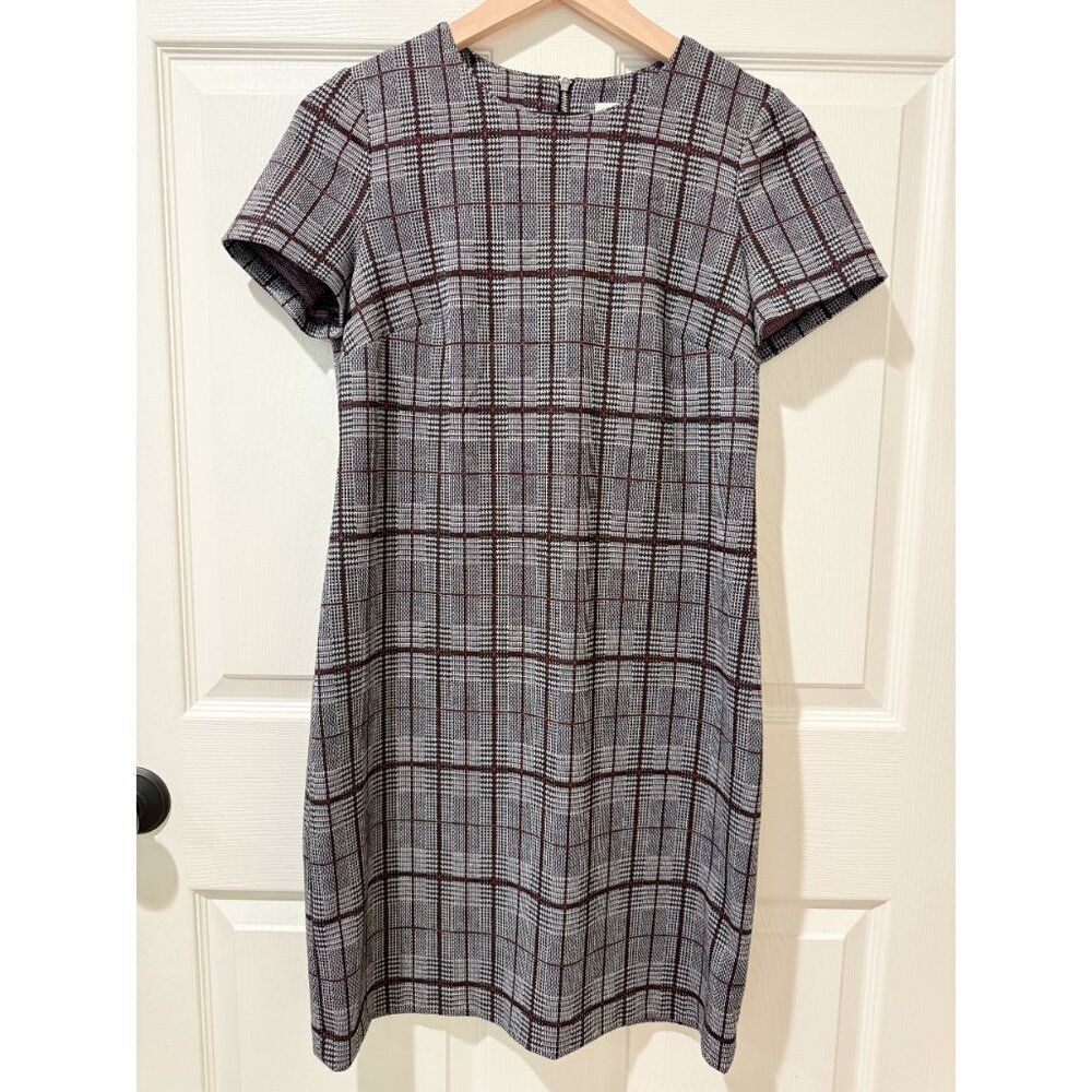 Calvin Klein Black White Houndstooth Plaid Short Sleeve Midi Knee Sheath Dress 8